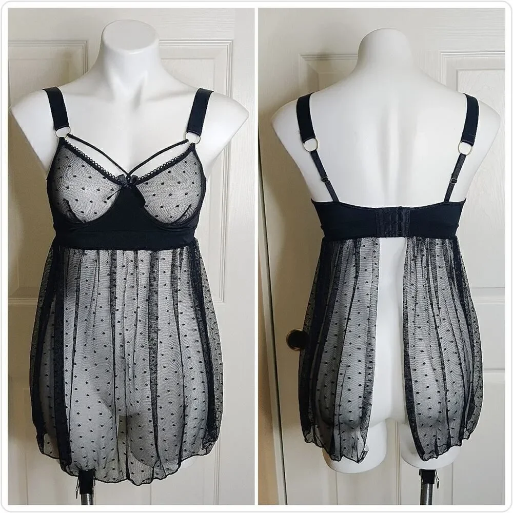 iCollection Roma Swiss Dot Stretch Mesh Babydoll Lingerie sz S